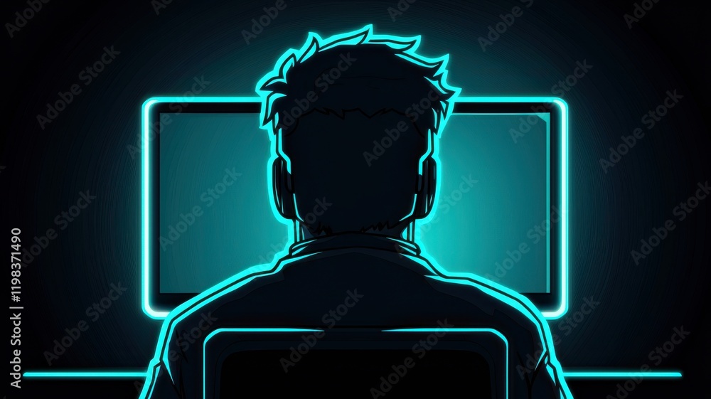 Poster anti tracking anonymity concept. silhouette of a person in front of a glowing computer screen at nig