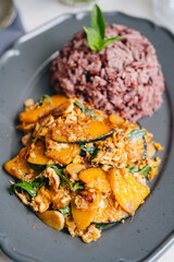 High angle view of thai food in plate on table