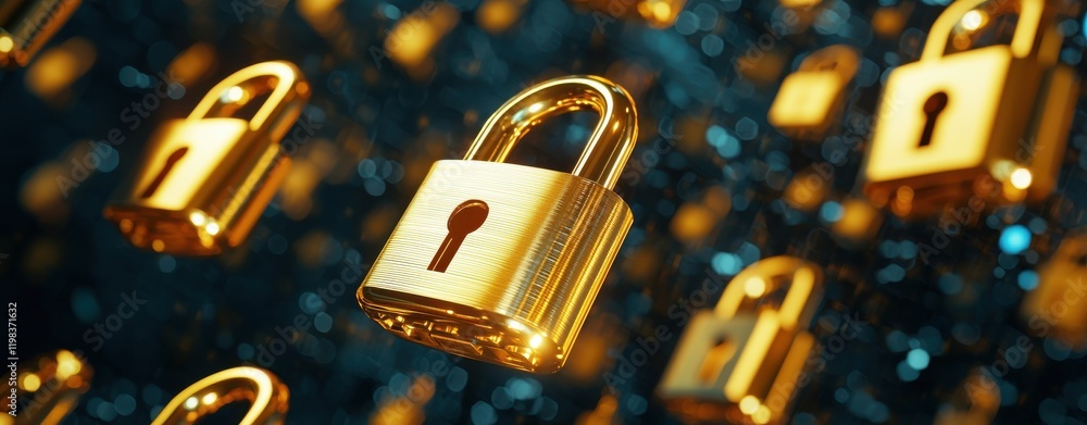Poster anti tracking anonymity concept. golden padlocks floating in a digital atmosphere representing secur
