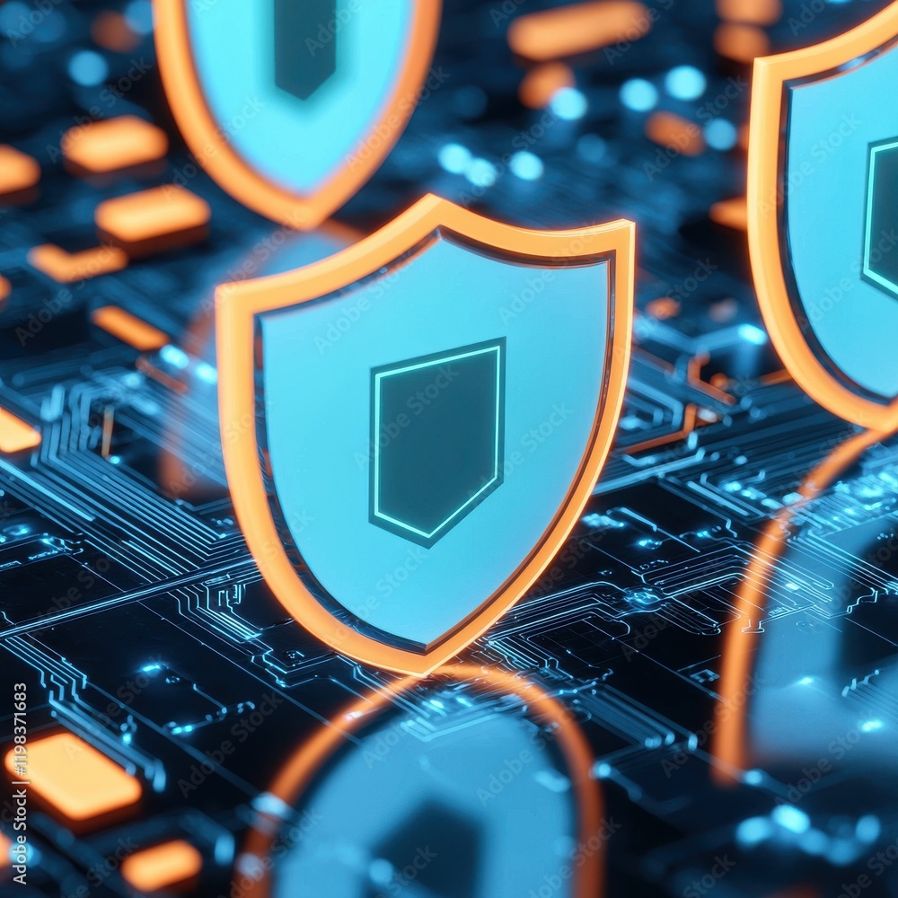 Poster anti tracking anonymity concept. digital shields representing cybersecurity on a circuit board backg