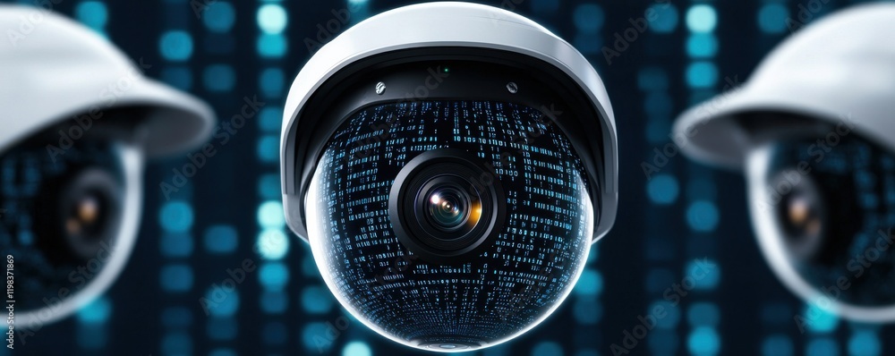 Poster anti tracking anonymity concept. surveillance cameras with digital data background representing secu