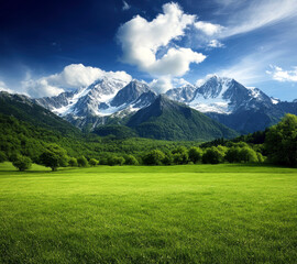 Breathtaking view of pristine mountains and lush greenery under a vibrant blue sky, showcasing nature's beauty and tranquility in a serene landscape perfect for peaceful retreats.