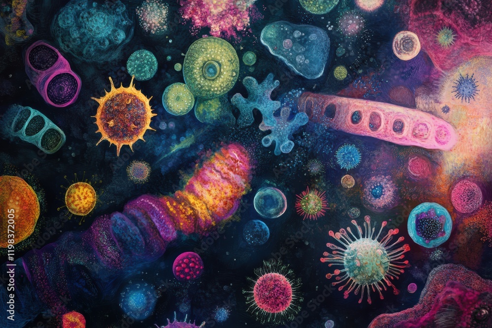 Aufkleber Colorful array of bacteria and microbes showcasing diversity in microorganisms under a dark backdrop. Generative AI