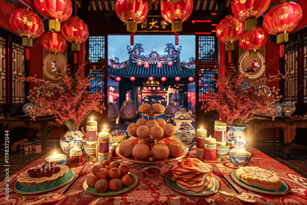 Poster long walkway with red lanterns hanging from the ceiling. the lanterns are lit up and create a warm, 
