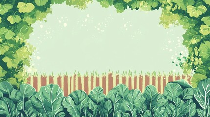 Lush green foliage frames a garden scene with a wooden fence and blank space.
