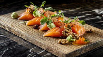 A beautifully arranged platter of salmon slices garnished with greens and nuts, served on a rustic wooden board.