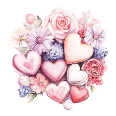 Romantic floral arrangement featuring hearts and roses digital artwork vibrant colors artistic design love theme