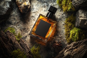 Rugged men's perfume bottle mockup. Blank label for branding. Geometric design, dark amber tint, metallic black cap. Dramatic lighting, warm tones, natural elements. Timeless, masculine aesthetic.