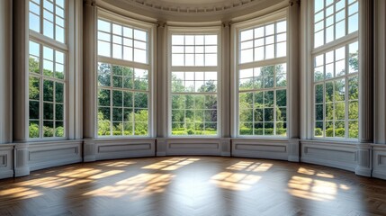 Fototapeta premium Sunlit Room with Expansive Bay Windows Overlooking Lush Greenery