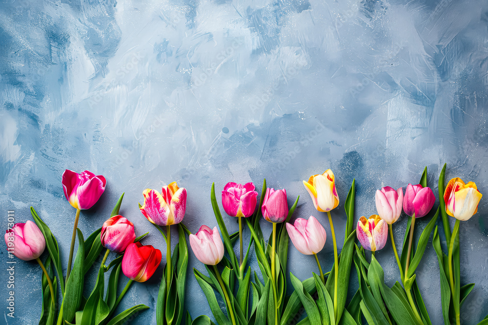 Poster row of flowers with pink and yellow petals are arranged on a blue background. the flowers are arrang