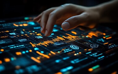 Hand interacting with futuristic digital interface displaying data graphs and charts.