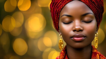 Serene African Woman in Red Headwrap and Gold Earrings