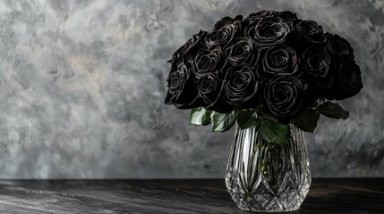 A striking arrangement of black roses in a crystal vase against an elegant, muted background, evoking a sense of mystery and sophistication, Valentine.