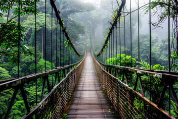 Obraz premium Bridge over a forest with a green canopy. The bridge is made of metal and is suspended over a river. The bridge is surrounded by trees and plants, giving it a natural and serene atmosphere