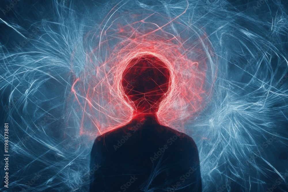 Poster person immersed in swirling lines and abstract shapes representing thoughts and emotions in a vivid 