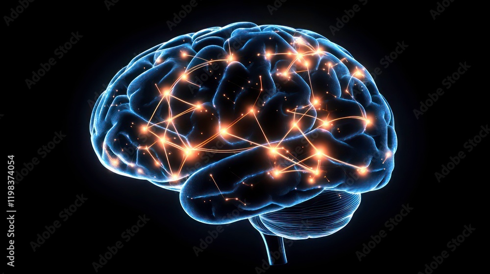 Poster dynamic neural connections glowing with energy, high-tech brain visualization. high quality