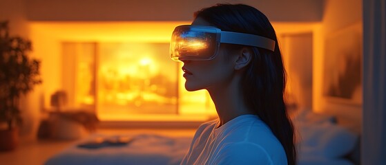 Woman using futuristic VR headset at night.