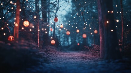 Enchanted Forest Path: A Nighttime Stroll Through Illuminated Trees