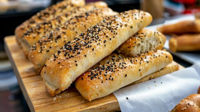 Freshly baked breadsticks with sesame seeds on display at a local bakery in the afternoon