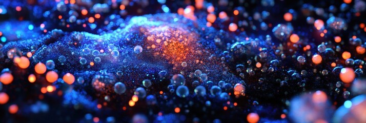 Close up view of molecular interactions with microbes highlighting diverse shapes and clusters in a vibrant environment. Generative AI