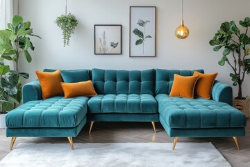 Fototapeta premium Teal velvet sofa with gold legs and armrests, L-shaped chaise lounge, plants, white wall, golden lighting, and white carpet in modern living room decor.