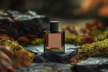 Rugged men's perfume bottle mockup. Blank label for branding. Geometric design, dark amber tint, metallic black cap. Dramatic lighting, warm tones, natural elements. Timeless, masculine aesthetic.