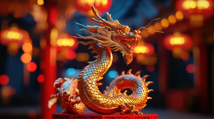 Obraz premium A majestic golden dragon statue illuminated by glowing lanterns in a vibrant setting, symbolizing power and cultural heritage, Chinese Lunar new year.