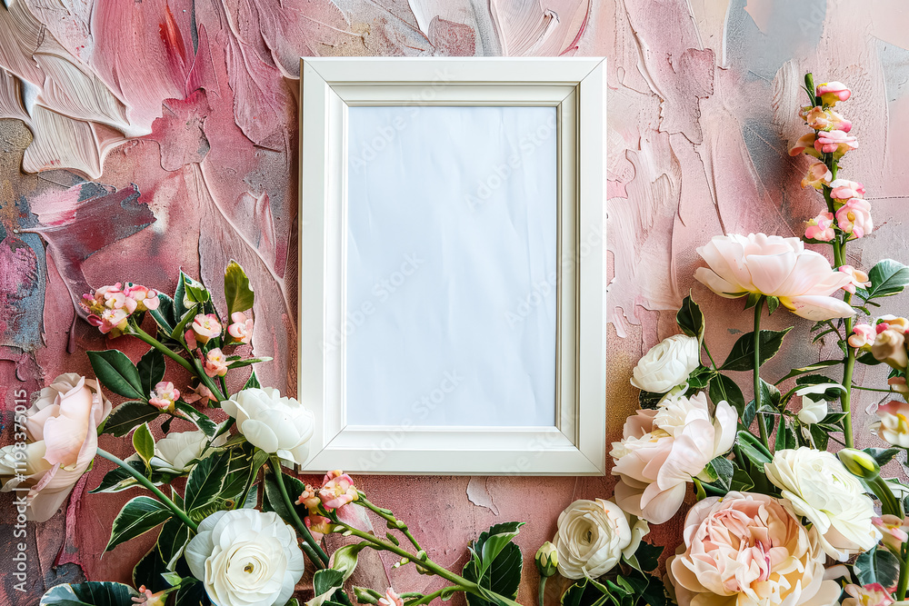 Poster white frame with a candle and a vase of flowers sits on a shelf. the frame is empty, but the candle 