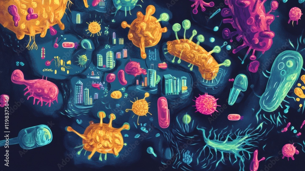 Poster playful depiction of bacteria colonies represented as colorful cities on a whimsical map. generative