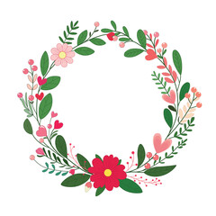 Lovely floral frame wreath decorated with sweet flowers , hearts, and leaves. Vector illustration design on white background.
