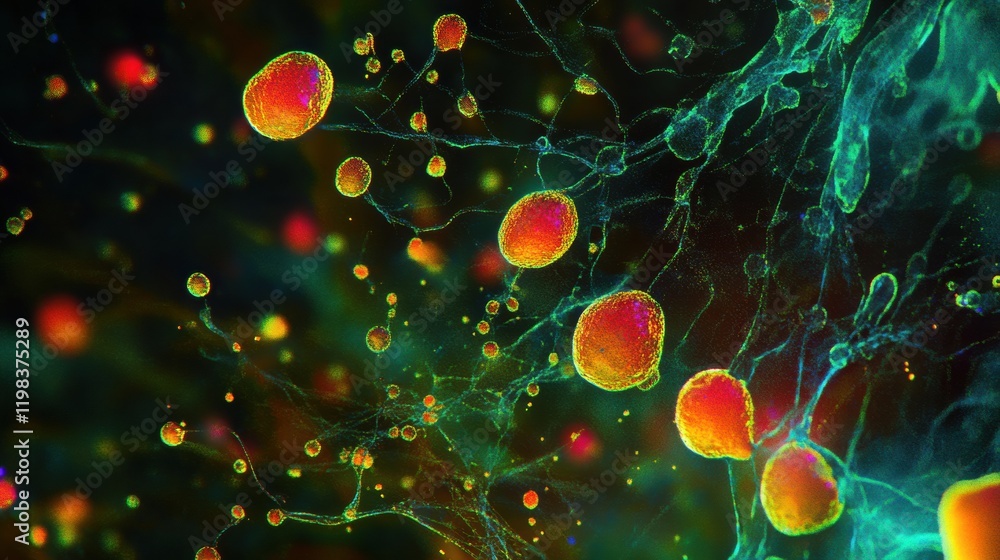 Aufkleber Molecular interactions between microbes showcasing vibrant colors and intricate designs in close up view. Generative AI
