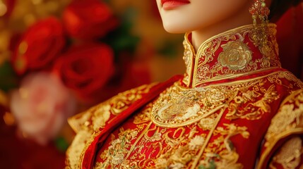 Naklejka premium A close-up of a person's upper body in ornate red and gold attire, adorned with intricate patterns, set against a backdrop of vibrant roses, Chinese Lunar new year.