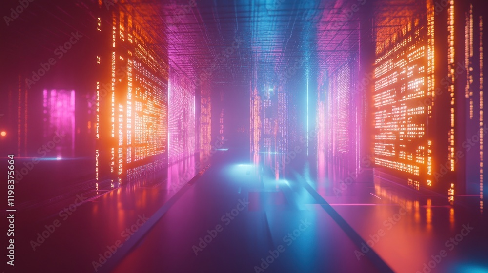 Poster neon digital corridor: a futuristic data stream visualization