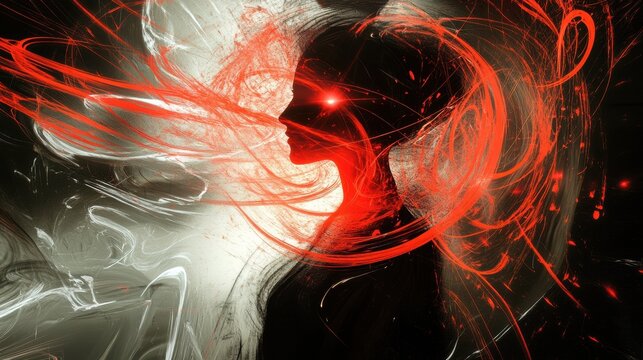 Person in silhouette surrounded by dynamic swirling lines and abstract shapes at night. Generative AI