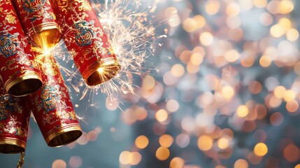 Red firecrackers spark and glow against a blurred background of bokeh lights, capturing the festive spirit of celebrations, Chinese new year.