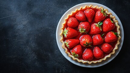 Delicious strawberry tart on dark background.