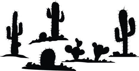 Cactus vector illustration,Black silhouettes of different cactus vector