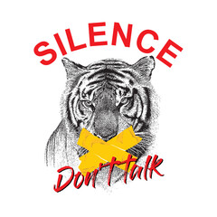 Silence Don't Talk With Tiger Illustration Icon, Typography Illustration