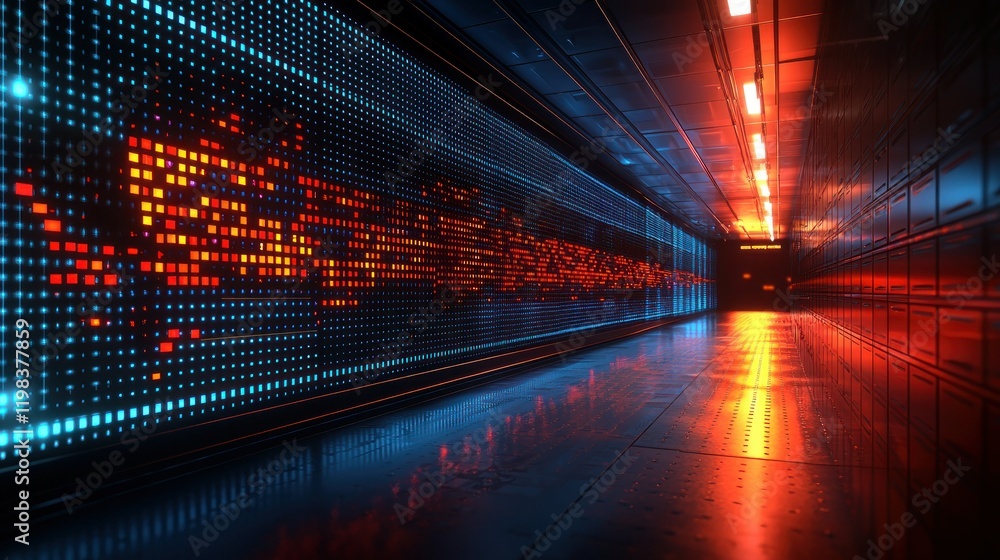Poster digital data flow in futuristic tunnel.