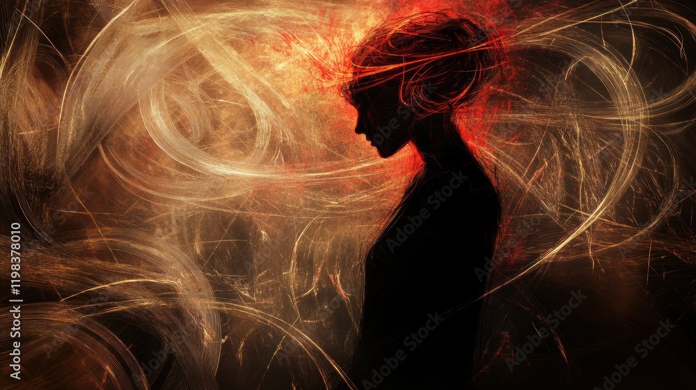 Fototapete Surrounded by vibrant swirling lines and abstract shapes in an expressive visual representation of thought and emotion. Generative AI