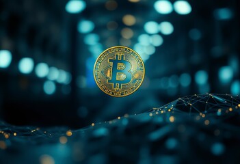 Shiny cryptocurrency coins displayed against a blurred background of technological elements, highlighting the impact of digital finance innovation.
