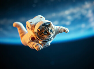 Adventurous cat in a spacesuit glides through outer space, marveling at the beauty of Earth in the background.