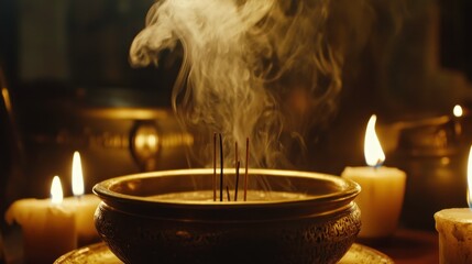 Serene Aromatic Experience with Incense and Candles, Captivating Smoke Wisp Rising Above a Decorative Bowl in a Calm Ambient Setting