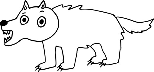 funny funny wolf with open toothy mouth stands surprised and looks at camera