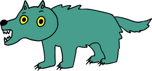 funny funny wolf with yellow eyes with open toothy mouth stands surprised and looks at camera