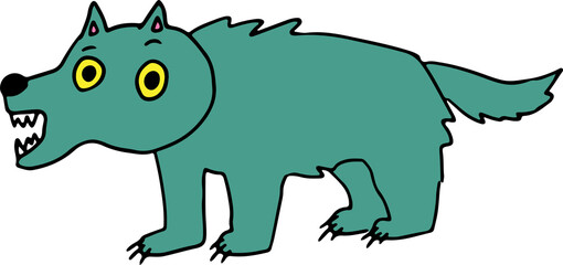 funny funny wolf with yellow eyes with open toothy mouth stands surprised and looks at camera