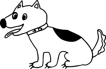 funny cute dog in a collar with a spot on his back sits happily with his tongue hanging out