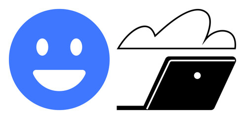 Blue smiling face next to a black laptop with a cloud above it. Ideal for digital contentment, online connectivity, cloud services, happy digital experiences, tech solutions, virtual smiles, internet