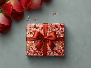 red rose and gift box, A small red box filled with heart-shaped flowers, great for romantic occasions or Valentine's Day.