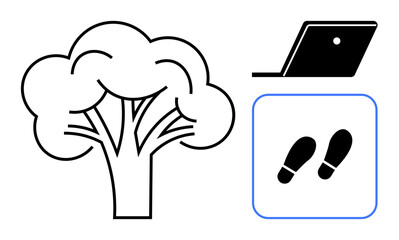 A tree, laptop, and footsteps convey environmental focus, online activities, and physical movement. Ideal for sustainability, digital work, exercise, hybrid lifestyle environmental tech wellness